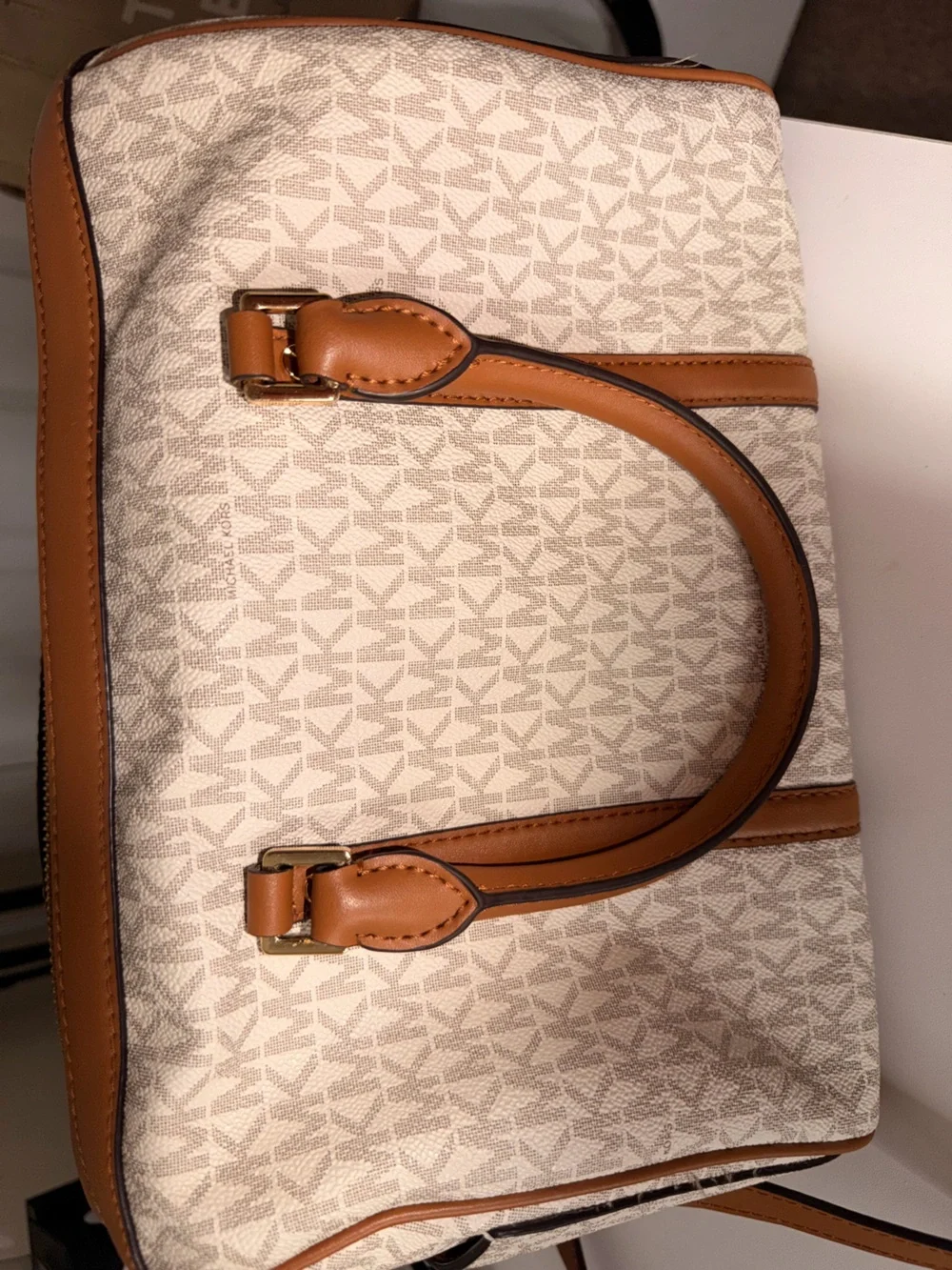 Michael Kors Tan and White Signature Stripe Satchel